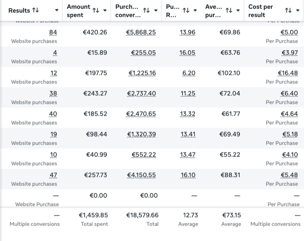 Meta Ads performance results showing 12.73 ROAS