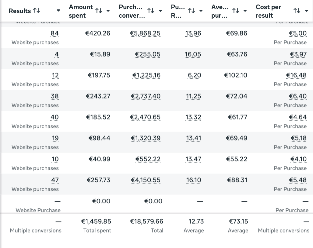 Meta Ads performance results showing 12.73 ROAS